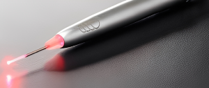 Dental laser tool with glowing tip.